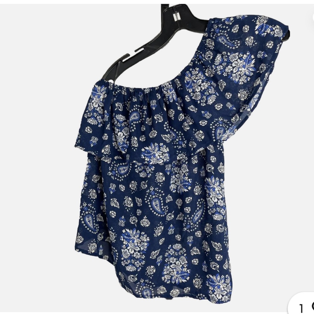 Women Top Lily White Top Blue Floral One Shoulder Size M